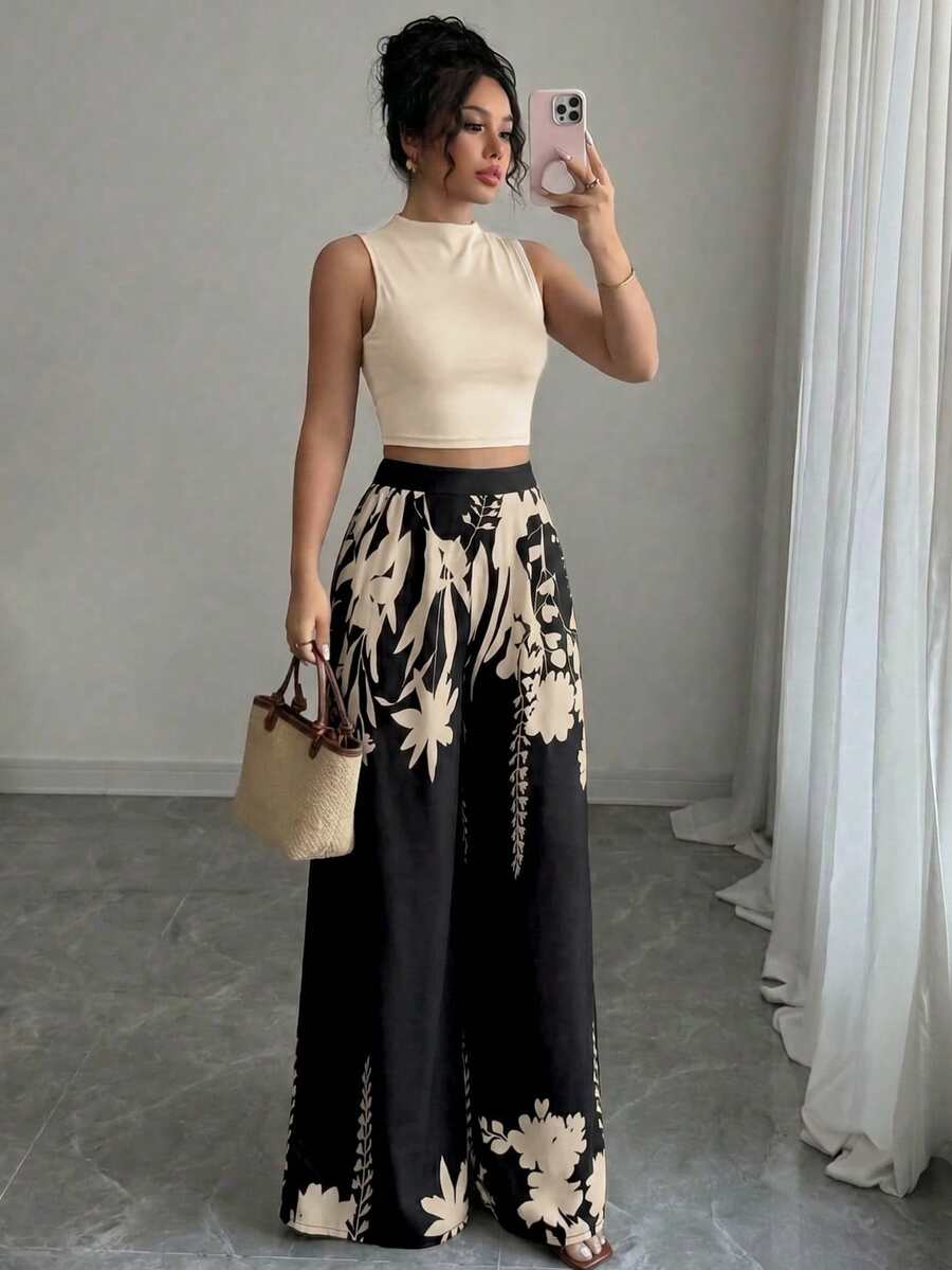 Conjunto Feminino Top e Calça Cintura Alta Perna Larga - Belle Lily