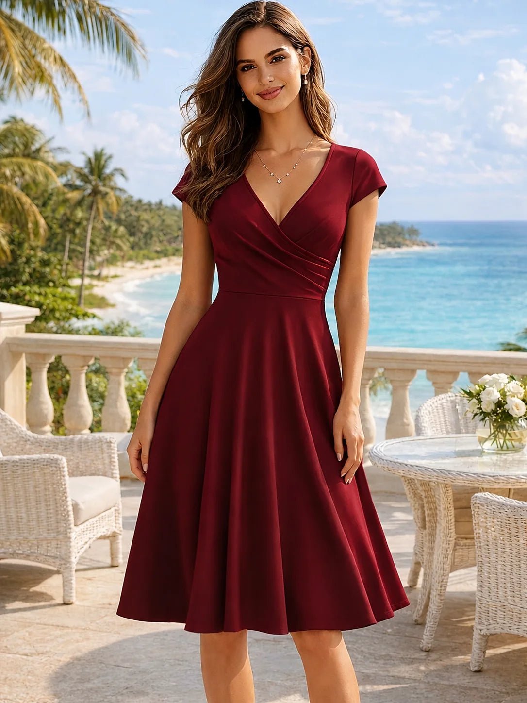 Vestido Midi Elegante com Manga Curta e Cintura Alta - Belle Lily