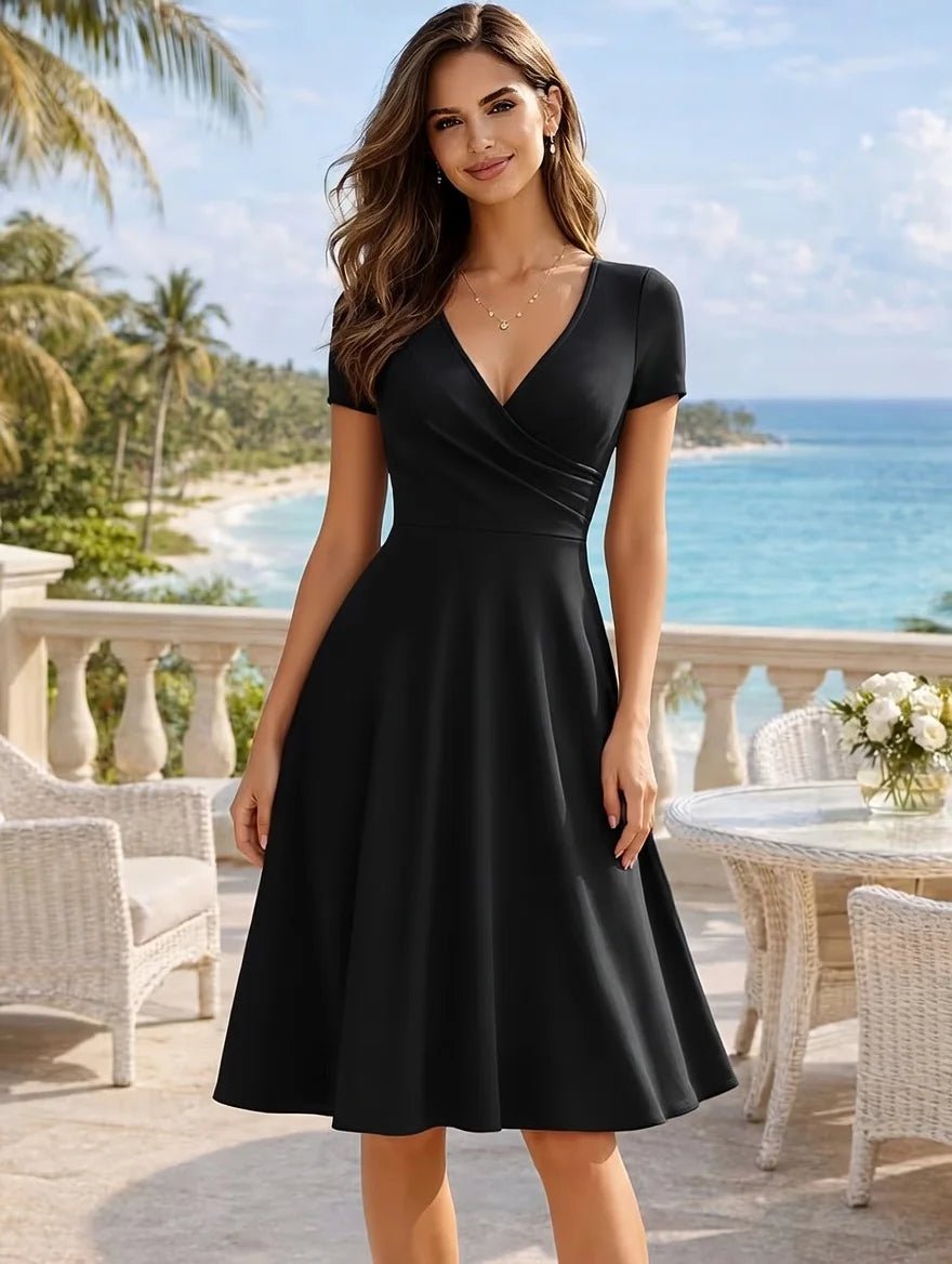 Vestido Midi Elegante com Manga Curta e Cintura Alta - Belle Lily